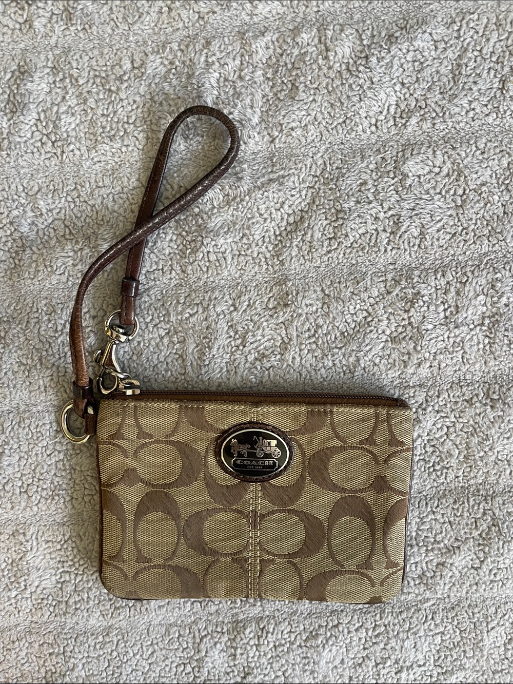Coach Tan/Brown Signature Canvas Wristlet with Leather Strap